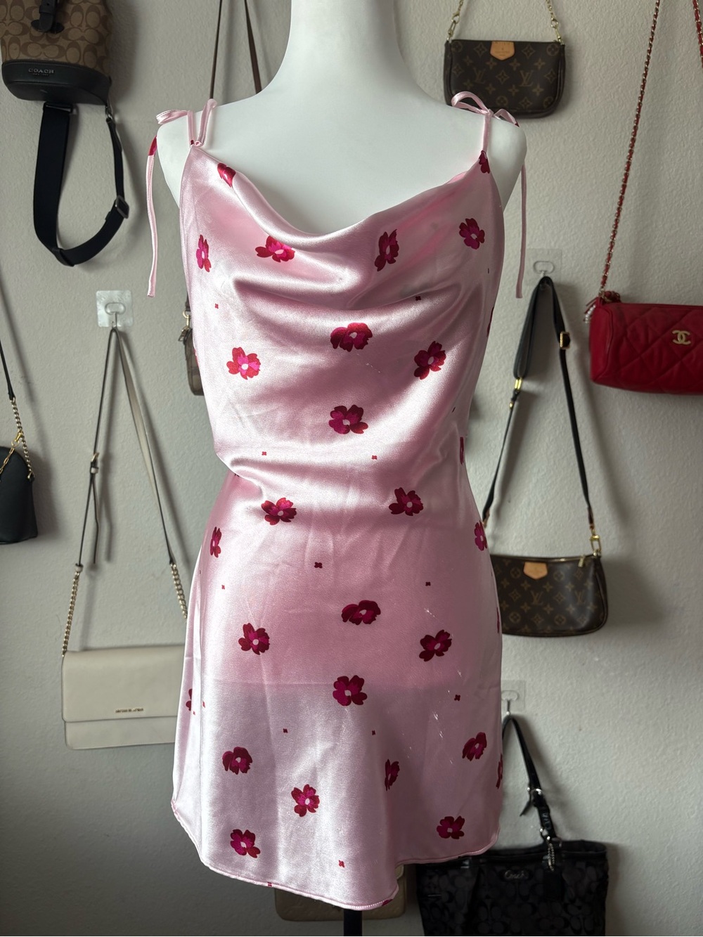 White Fox Pink Floral Satin Mini Dress Coquette Y2K Size S